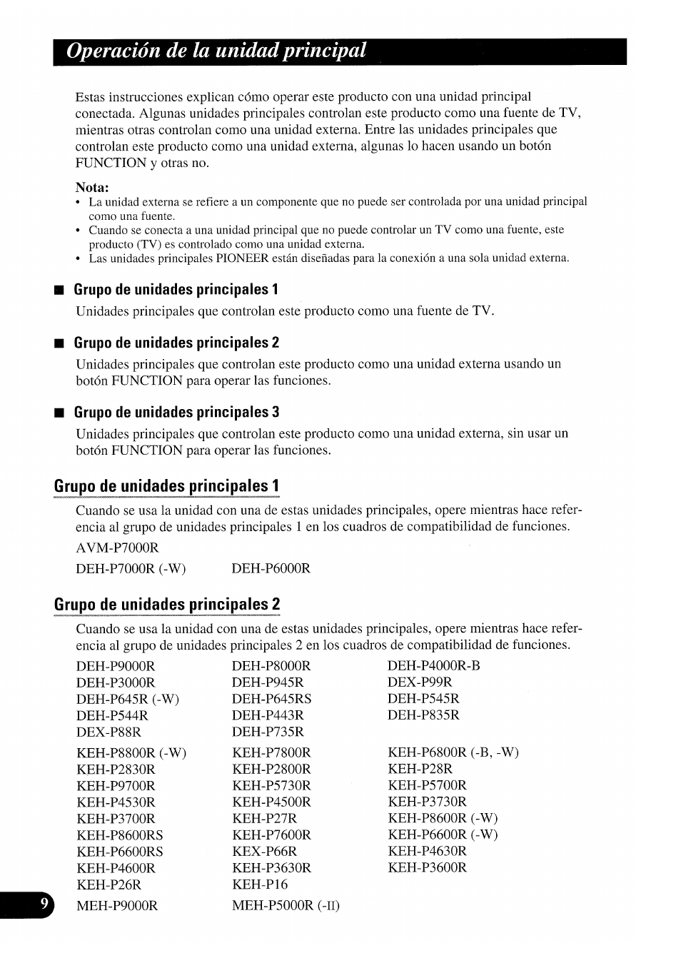 Operación de la unidad principal, Nota, Grupo de unidades principales 1 | Grupo de unidades principales 2, Grupo de unidades principales 3 | Pioneer GEX-P7000TVP User Manual | Page 48 / 116