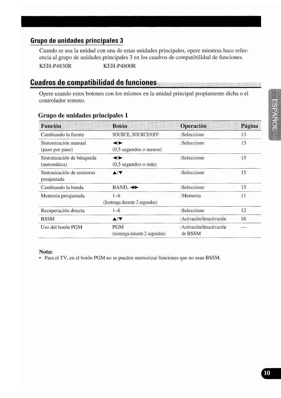 Grupo de unidades principales 3, Cuadros de compatibilidad de funciones, Grupo de unidades principales 1 | Nota | Pioneer GEX-P7000TVP User Manual | Page 49 / 116