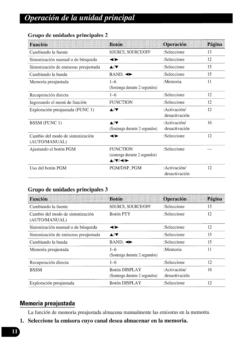 Operación de la unidad principal, Grupo de unidades principales 2, Memoria preajustada | Pioneer GEX-P7000TVP User Manual | Page 50 / 116