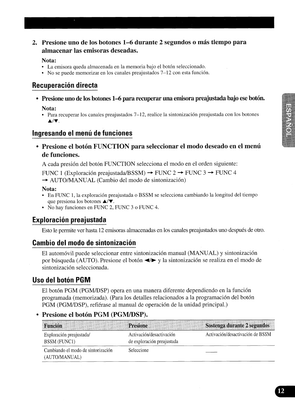 Nota, Recuperación directa, Ingresando el menú de funciones | Exploración preajustada, Cambio del modo de sintonización, Uso del botón pgm, Presione el botón pgm (pgm/dsp) | Pioneer GEX-P7000TVP User Manual | Page 51 / 116