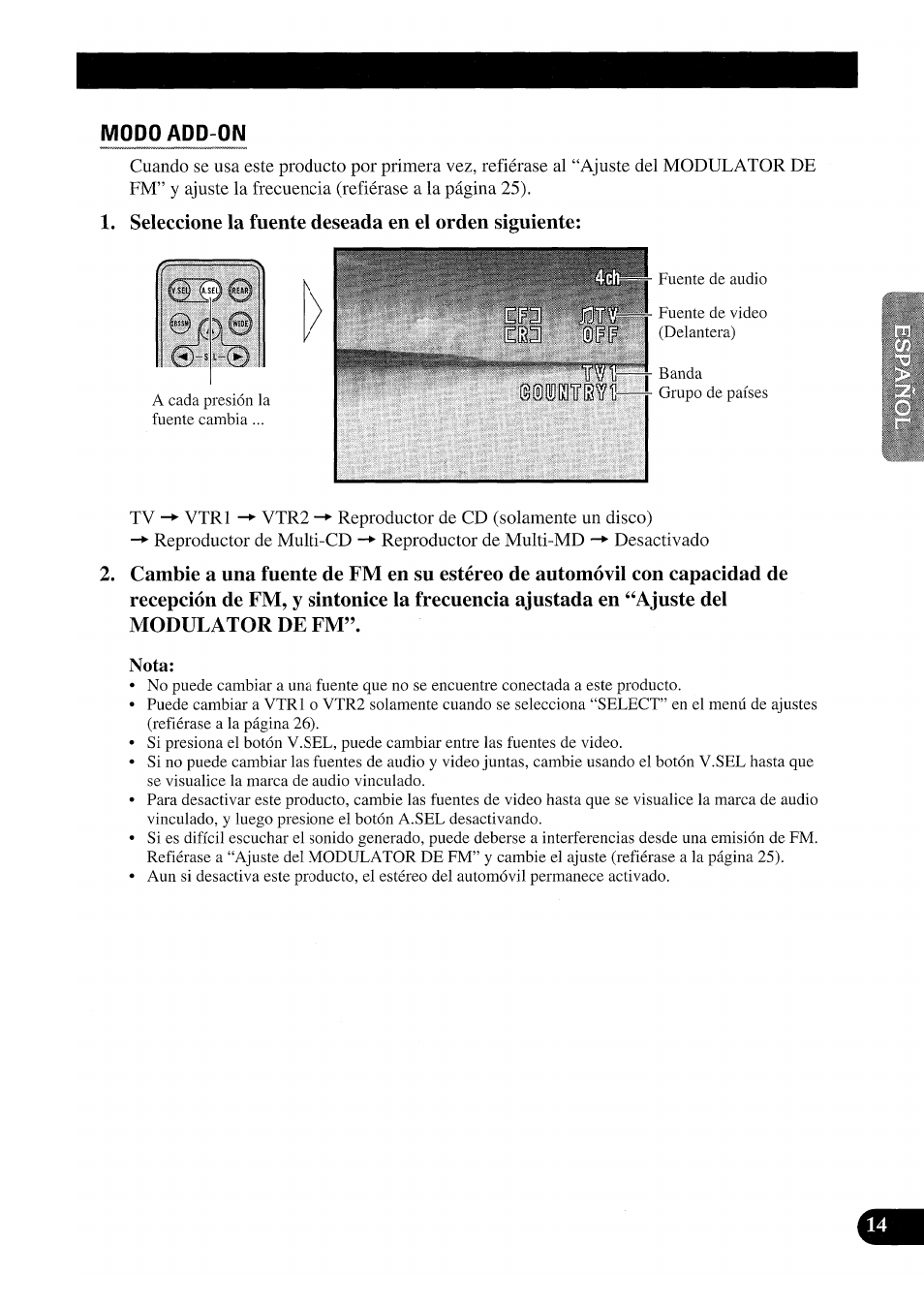 Modo add-on, Seleccione la fuente deseada en el orden siguiente, Nota | Pioneer GEX-P7000TVP User Manual | Page 53 / 116