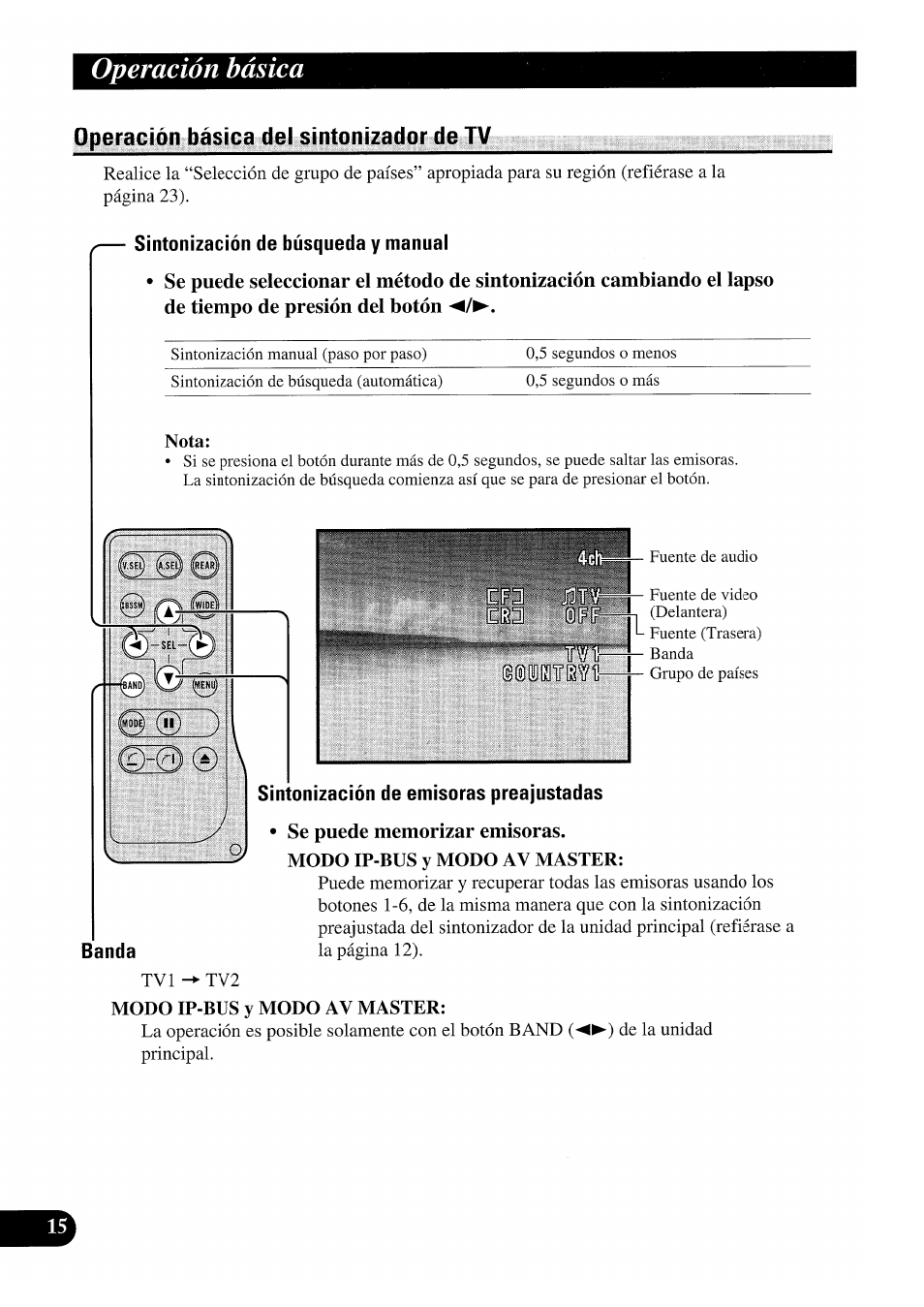 Operación básica del sintonizador de tv, Sintonización de búsqueda y manual, Sintonización de emisoras preajustadas | Se puede memorizar emisoras, Modo ip-bus y modo av master, Operación básica | Pioneer GEX-P7000TVP User Manual | Page 54 / 116