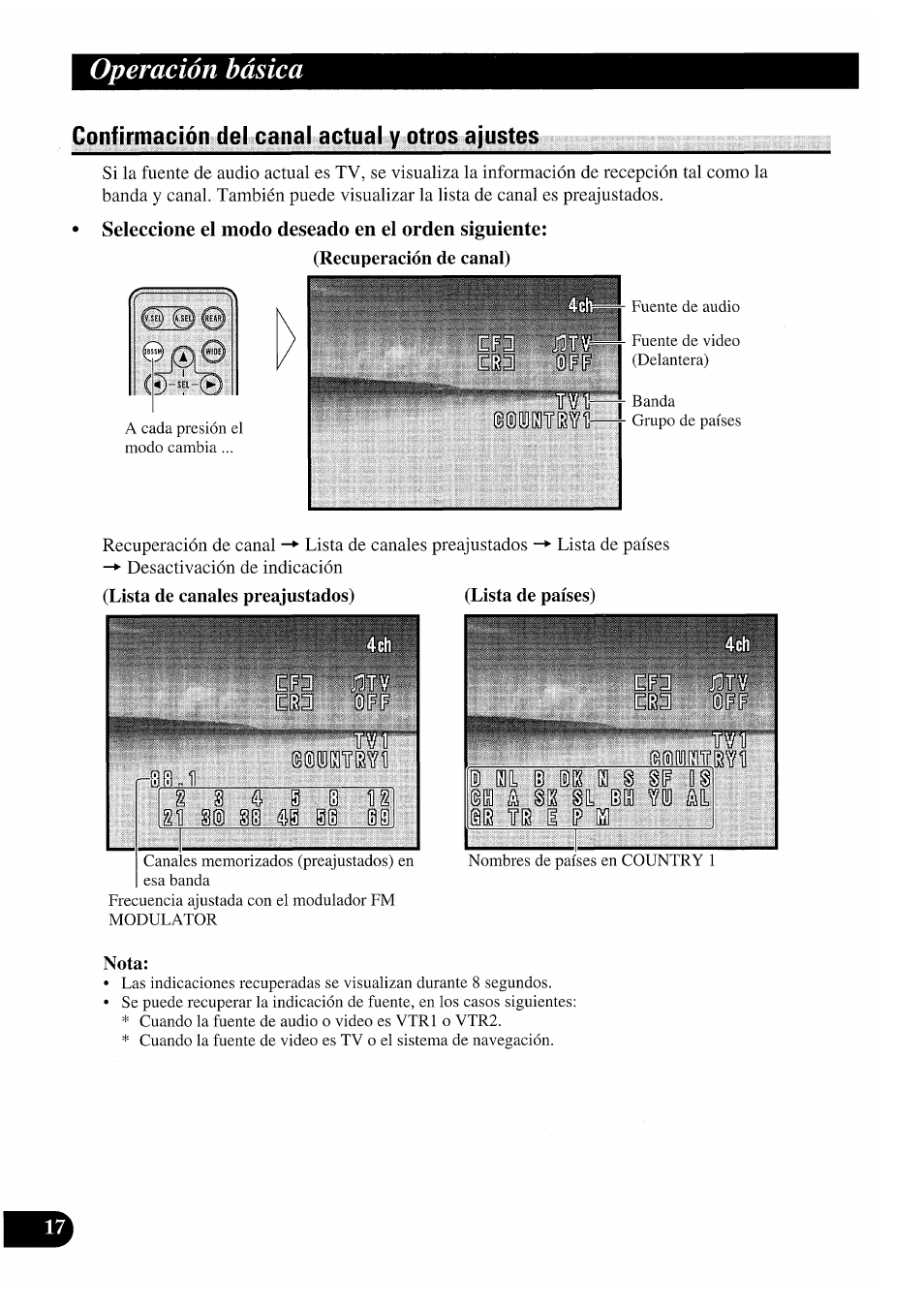 Confirmación del canal actual y otros ajustes, Seleccione el modo deseado en el orden siguiente, Nota | Operación básica, Cfll ® m i § & m | Pioneer GEX-P7000TVP User Manual | Page 56 / 116