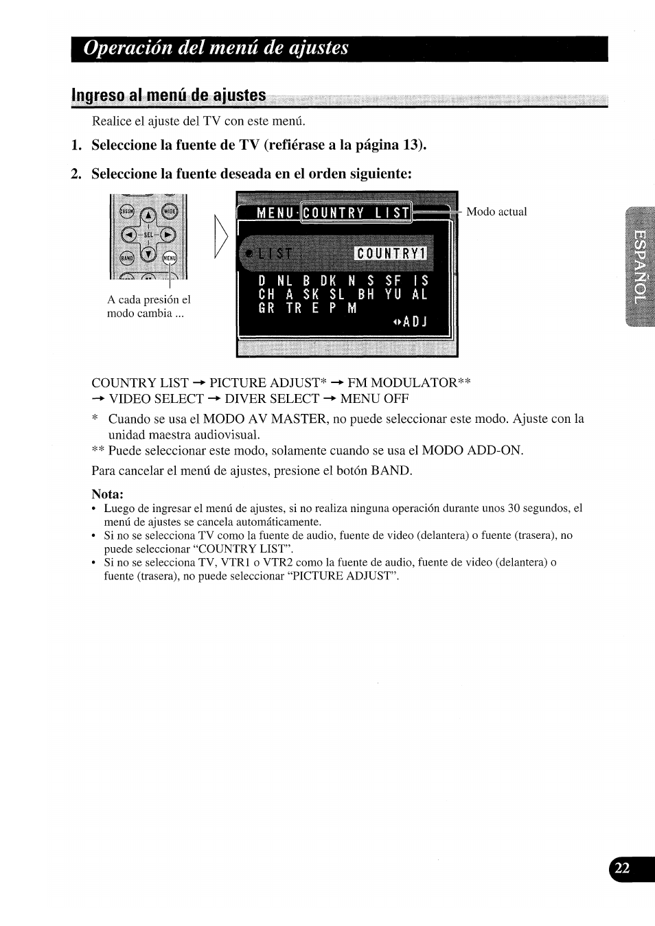 Ingreso al menú de ajustes, Seleccione la fuente deseada en el orden siguiente, Nota | Operación del menú de ajustes, Ilwiih'üiíai'ienl | Pioneer GEX-P7000TVP User Manual | Page 61 / 116