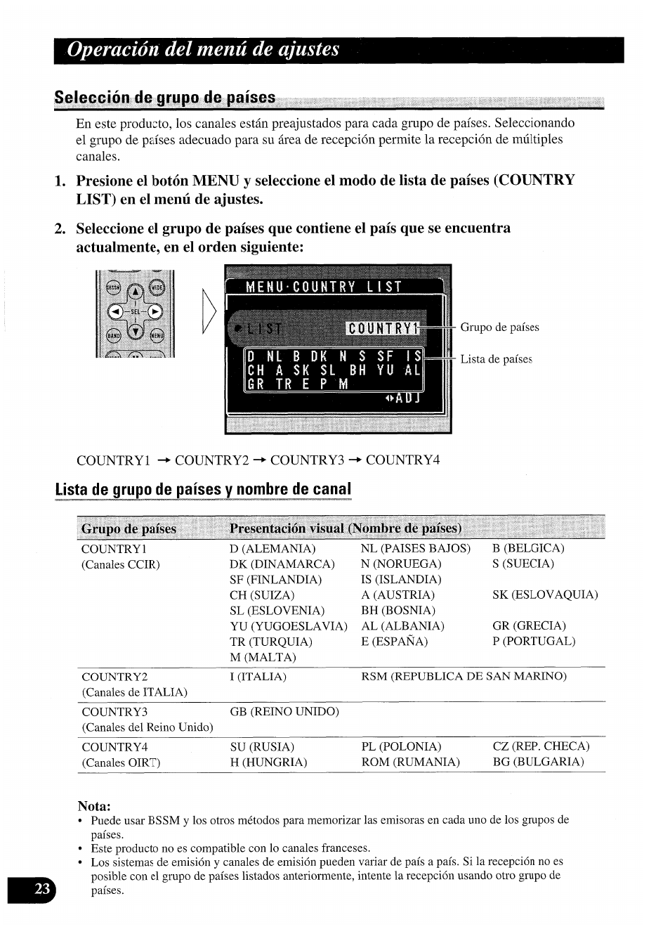 Selección de grupo de países, Lista de grupo de países y nombre de canal, Nota | Operación del menú de ajustes | Pioneer GEX-P7000TVP User Manual | Page 62 / 116