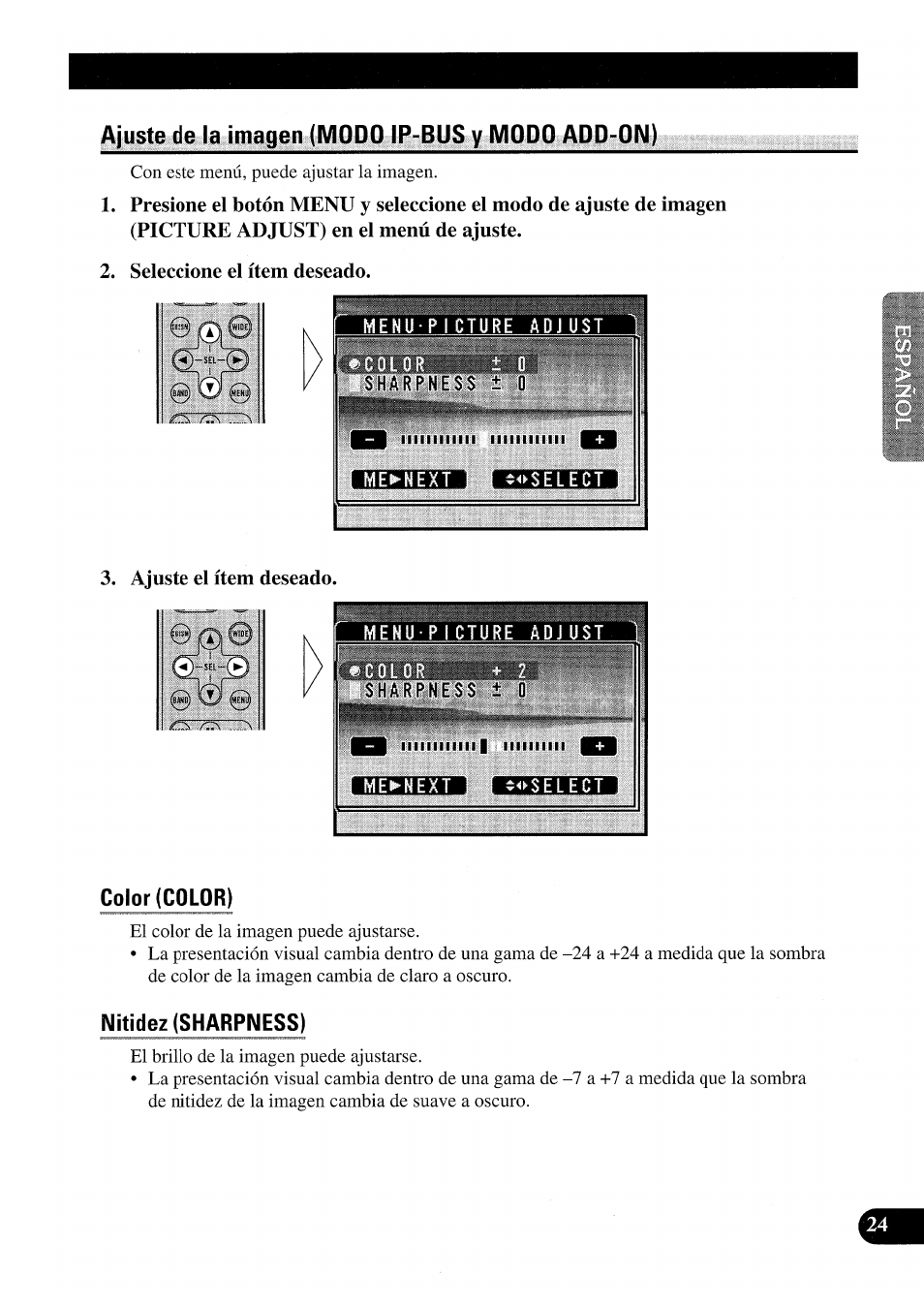 Ajuste de la imagen (modo ip-bus y modo add-on), Seleccione el ítem deseado, Ajuste el ítem deseado | Color (color), Nitidez (sharpness) | Pioneer GEX-P7000TVP User Manual | Page 63 / 116