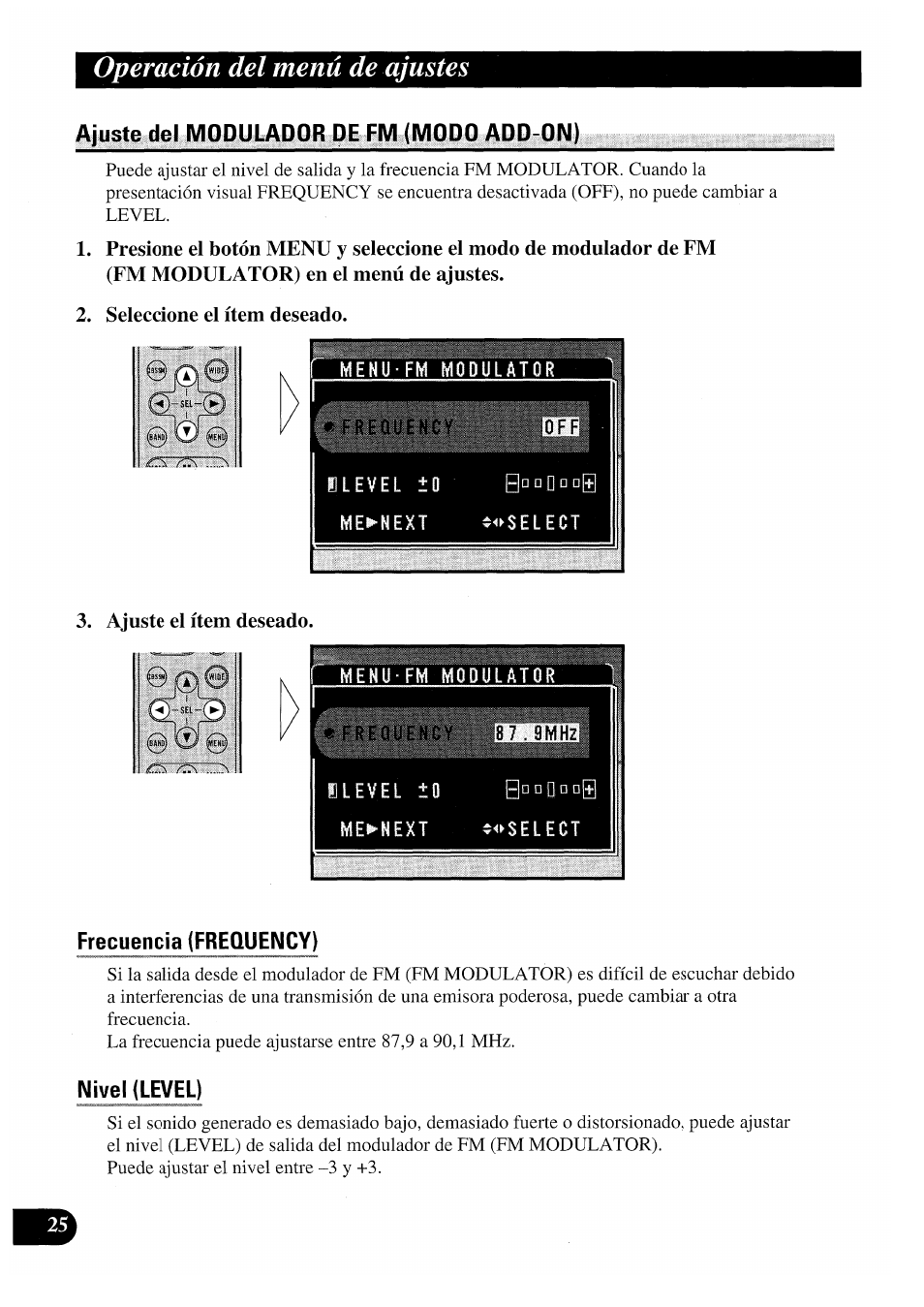 Ajuste del modulador de fm (modo add-on), Seleccione el ítem deseado, Ajuste el ítem deseado | Frecuencia (frequency), Nivel (level), Operación del menú de ajustes | Pioneer GEX-P7000TVP User Manual | Page 64 / 116