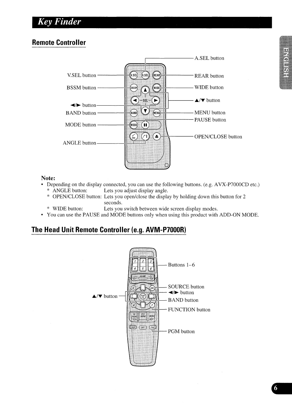 Key finder, Remote controller, Note | The head unit remote controller (e.g. avm-p7000r) | Pioneer GEX-P7000TVP User Manual | Page 7 / 116
