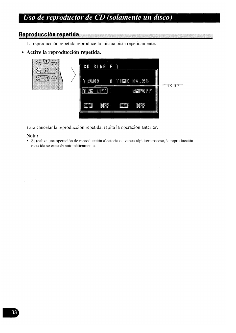 Reproducción repetida, Active la reproducción repetida, Nota | Uso de reproductor de cd (solamente un disco) | Pioneer GEX-P7000TVP User Manual | Page 72 / 116
