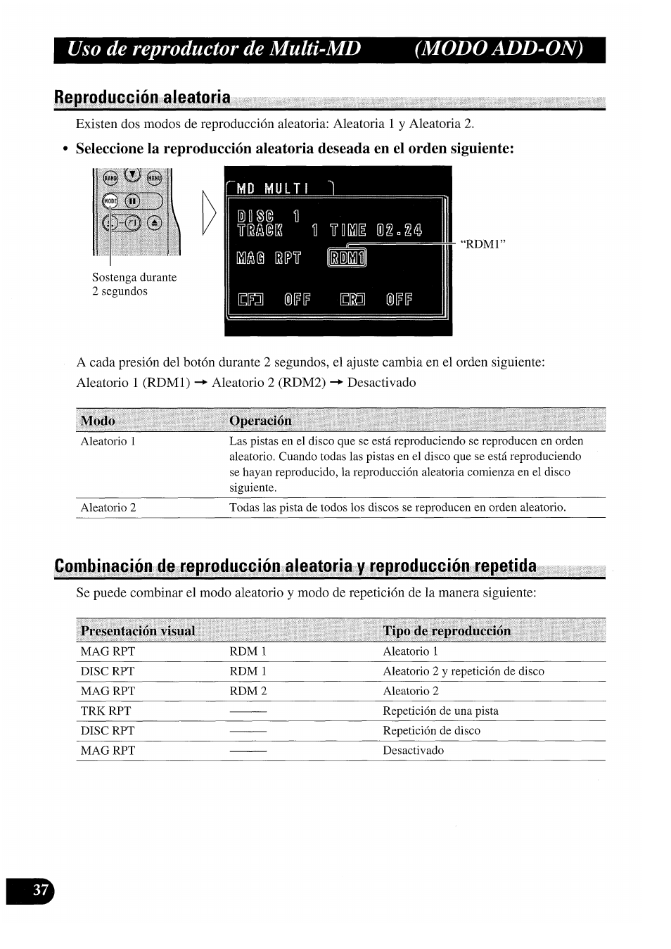 Rmd multi 1, Modo, Operación | Presentación visual, Tipo de reproducción, Uso de reproductor de multi-md (modo add-on), 1 tdeai, Eh el | Pioneer GEX-P7000TVP User Manual | Page 76 / 116