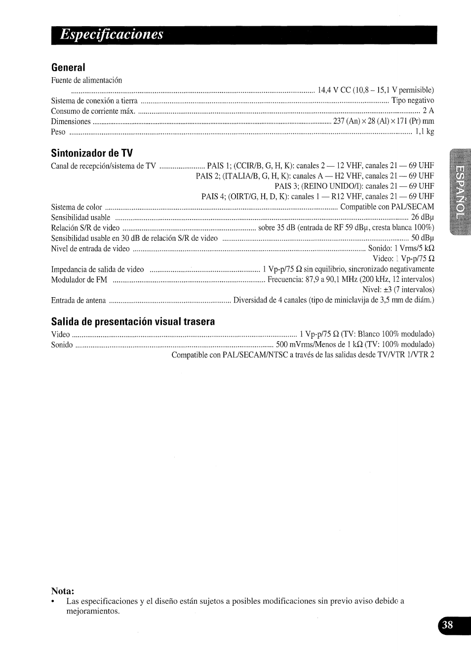 Especificaciones, General, Sintonizador de tv | Salida de presentación visual trasera, Nota | Pioneer GEX-P7000TVP User Manual | Page 77 / 116