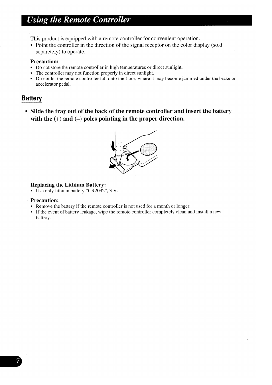 Using the remote controller, Precaution, Battery | Pioneer GEX-P7000TVP User Manual | Page 8 / 116