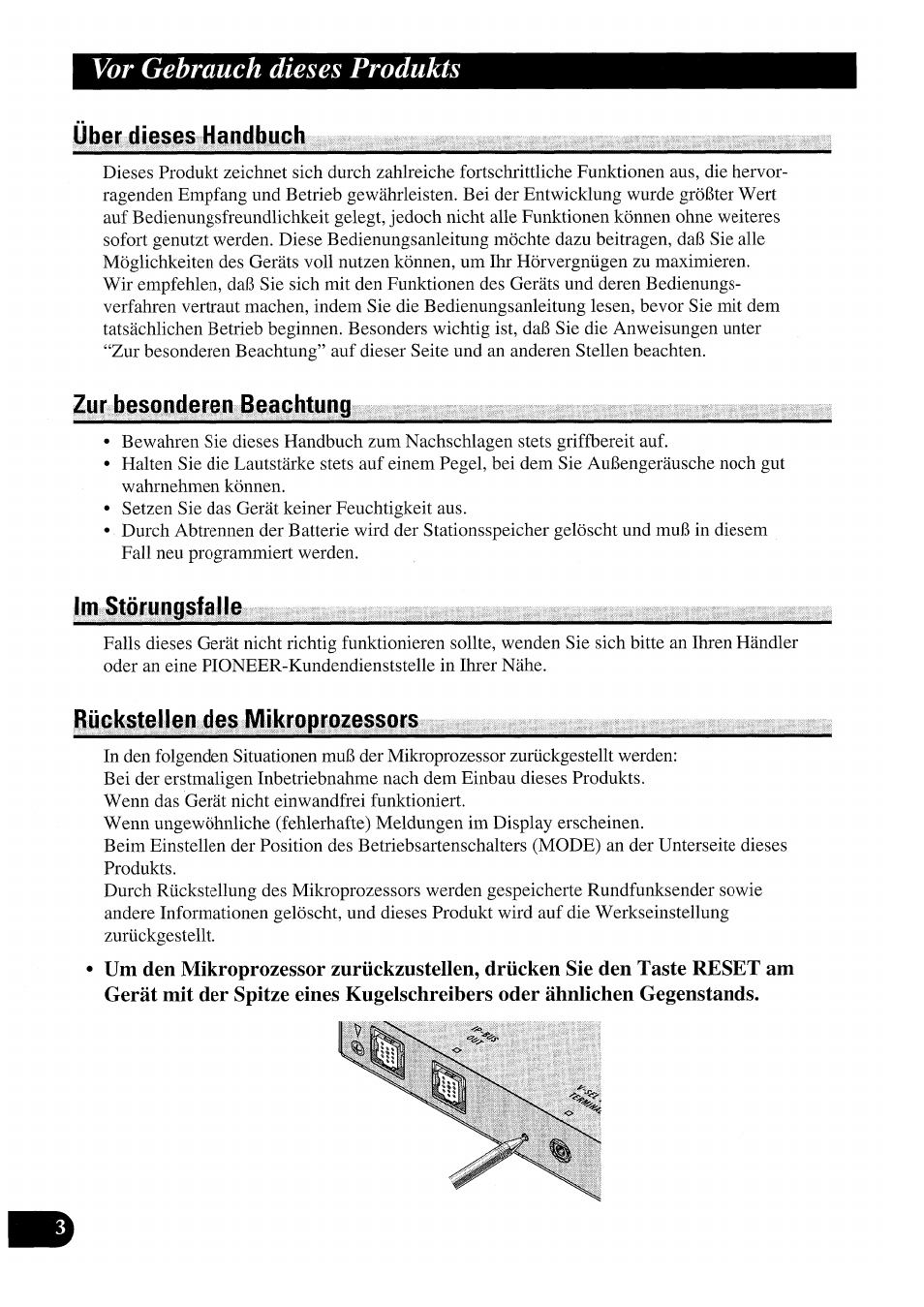 Über dieses handbuch, Zur besonderen beachtung, Im störungsfalle | Rückstellen des mikroprozessors, Vor gebrauch dieses produkts | Pioneer GEX-P7000TVP User Manual | Page 80 / 116