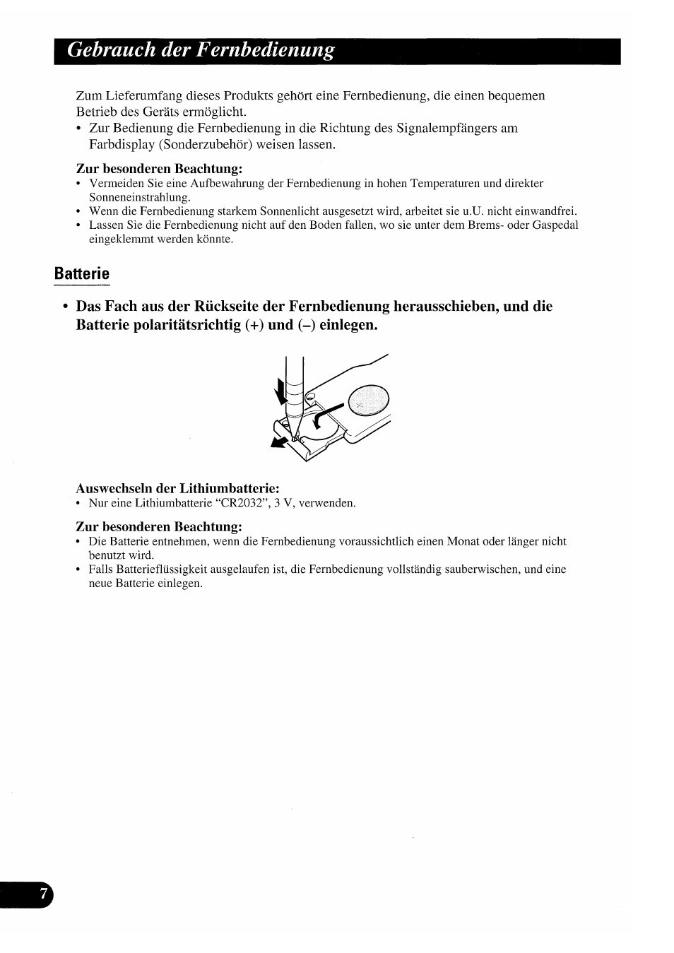 Gebrauch der fernbedienung, Batterie, Aus wechseln der lithiumbatterie | Pioneer GEX-P7000TVP User Manual | Page 84 / 116