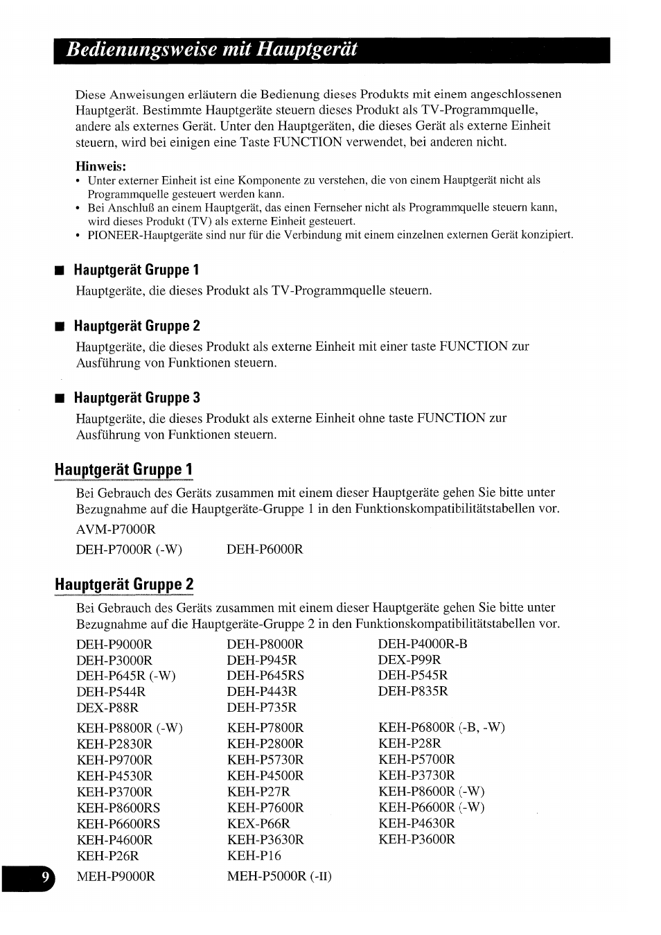 Bedienungsweise mit hauptgerät, Hinweis, Hauptgerät gruppe 1 | Hauptgerät gruppe 2, Hauptgerät gruppe 3 | Pioneer GEX-P7000TVP User Manual | Page 86 / 116