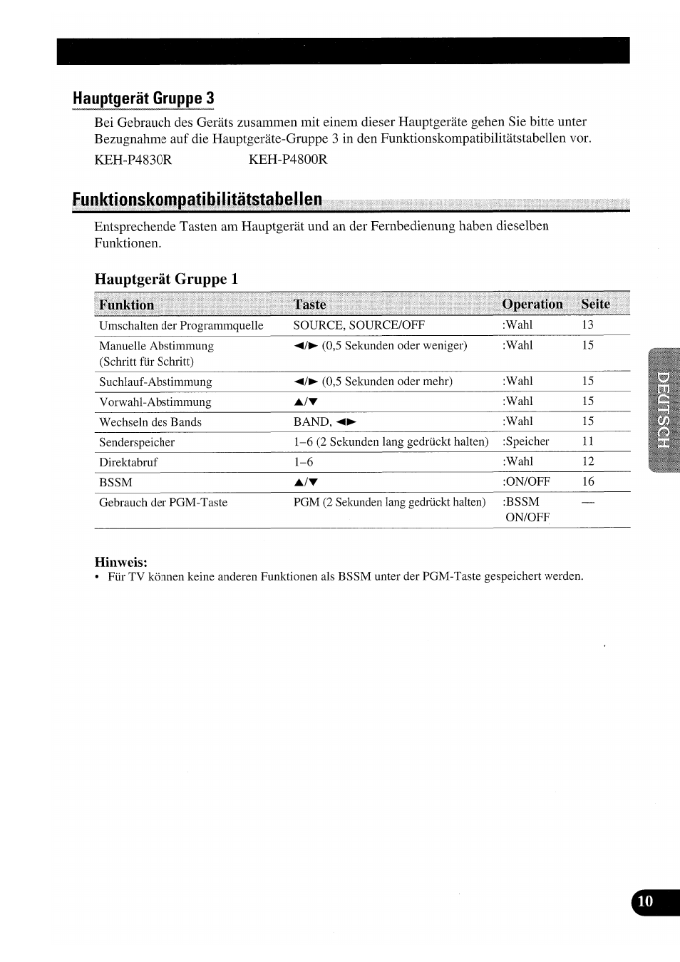 Hauptgerät gruppe 3, Funktionskompatibilitätstabellen, Hauptgerät gruppe 1 | Hinweis | Pioneer GEX-P7000TVP User Manual | Page 87 / 116