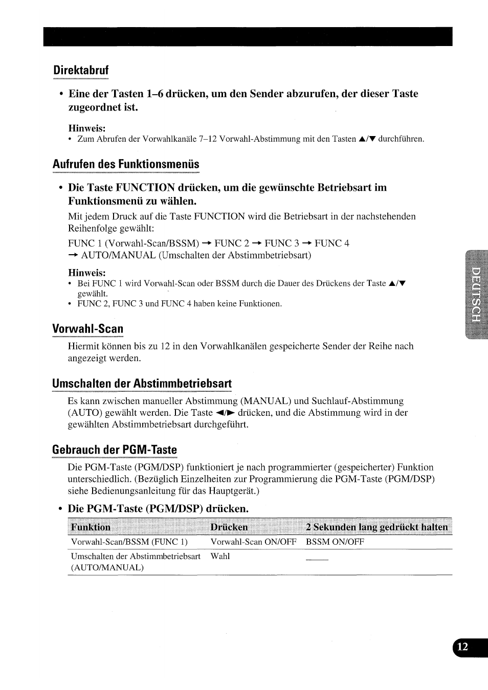 Direktabruf, Hinweis, Aufrufen des funktionsmenüs | Vorwahl-scan, Umschalten der abstimmbetriebsart, Gebrauch der pgm-taste, Die pgm-taste (pgm/dsp) drücken | Pioneer GEX-P7000TVP User Manual | Page 89 / 116