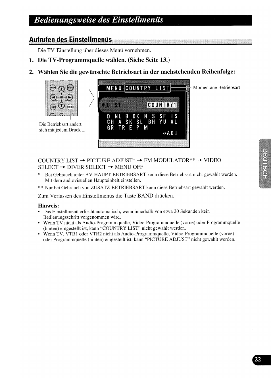 Aufrufen des einstellmenüs, Die tv-programmquelle wählen. (siehe seite 13.), Ad j | Hinweis, Bedienungsweise des einstellmenüs | Pioneer GEX-P7000TVP User Manual | Page 99 / 116