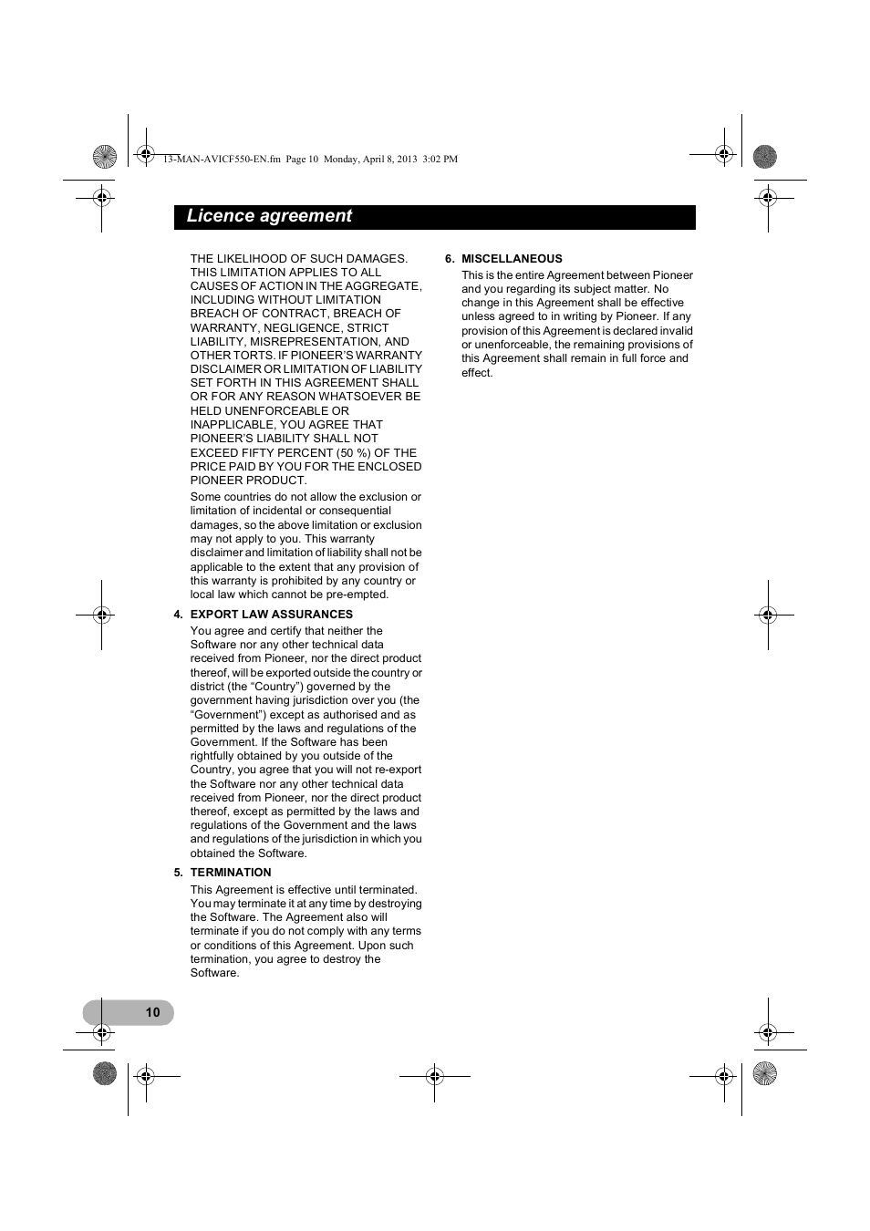 Licence agreement | Pioneer AVIC-F550BT User Manual | Page 10 / 128