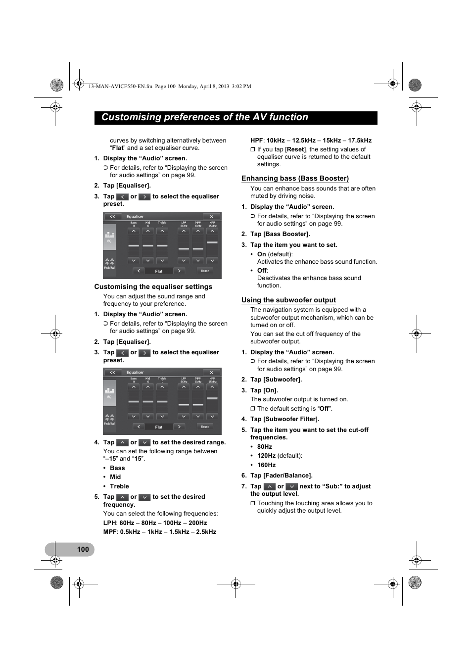 Enhancing bass (bass booster), Using the subwoofer output, Using the su | Customising preferences of the av function | Pioneer AVIC-F550BT User Manual | Page 100 / 128