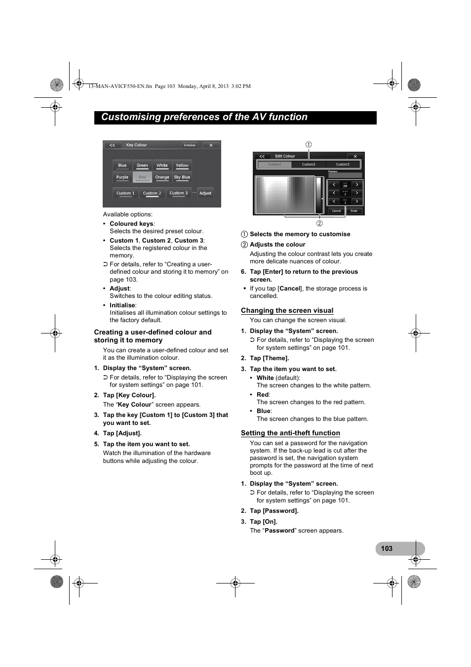 Changing the screen visual, Setting the anti-theft function, Customising preferences of the av function | Pioneer AVIC-F550BT User Manual | Page 103 / 128