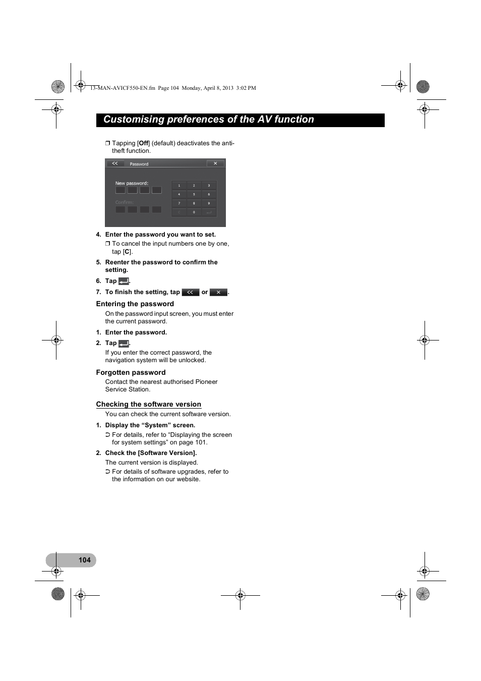 Checking the software version, Customising preferences of the av function | Pioneer AVIC-F550BT User Manual | Page 104 / 128