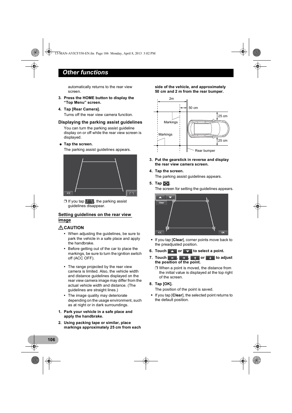 Setting guidelines on the rear view image, Setting guidelines on the, Rear view image | Other functions | Pioneer AVIC-F550BT User Manual | Page 106 / 128