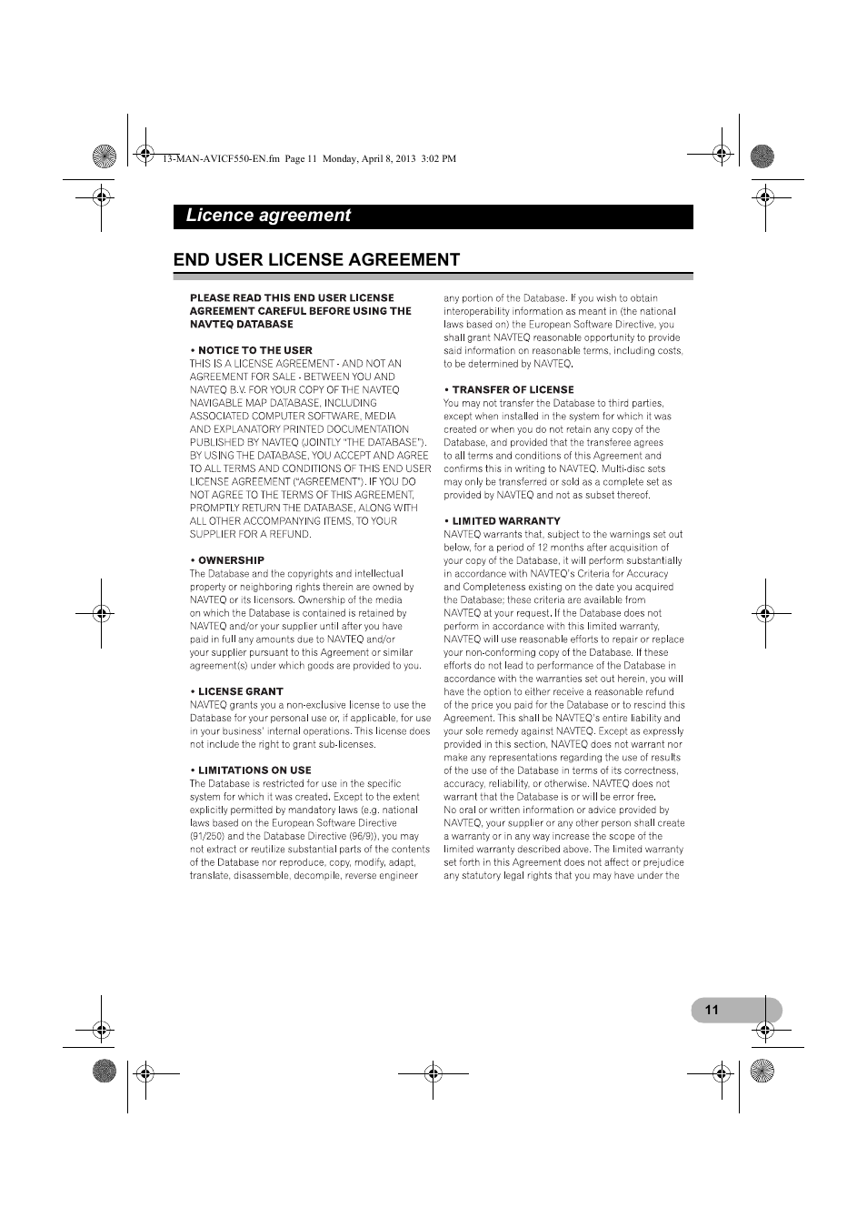 End user license agreement, Licence agreement | Pioneer AVIC-F550BT User Manual | Page 11 / 128