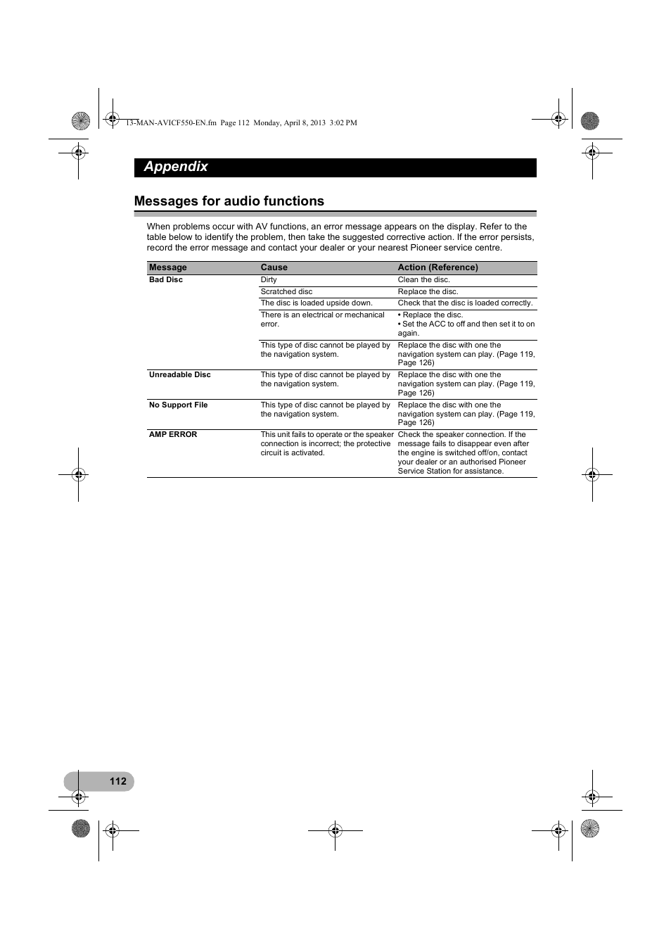 Messages for audio functions, Appendix | Pioneer AVIC-F550BT User Manual | Page 112 / 128