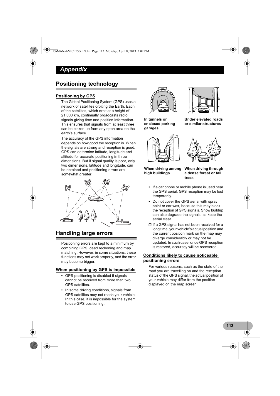 Positioning technology, Positioning by gps, Handling large errors | When positioning by gps is impossible, Positioning by g, When positioning by gps, Is impossible, Conditions likely to cause, Noticeable positioning errors, Appendix | Pioneer AVIC-F550BT User Manual | Page 113 / 128