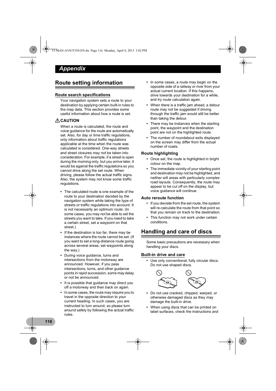 Route setting information, Route search specifications, Handling and care of discs | Built-in drive and care, Appendix | Pioneer AVIC-F550BT User Manual | Page 116 / 128