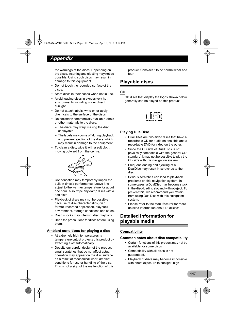 Ambient conditions for playing a disc, Playable discs, Playing dualdisc | Detailed information for playable media, Compatibility, Ambient conditions for, Playing a disc, Detailed information for, Playable media, Appendix | Pioneer AVIC-F550BT User Manual | Page 117 / 128