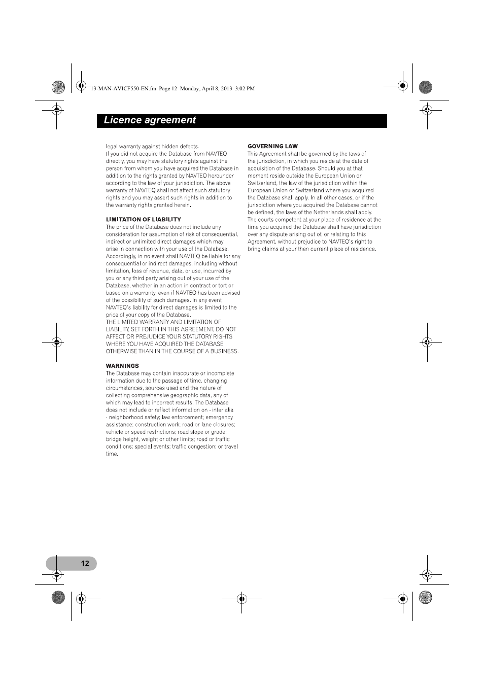 Licence agreement | Pioneer AVIC-F550BT User Manual | Page 12 / 128