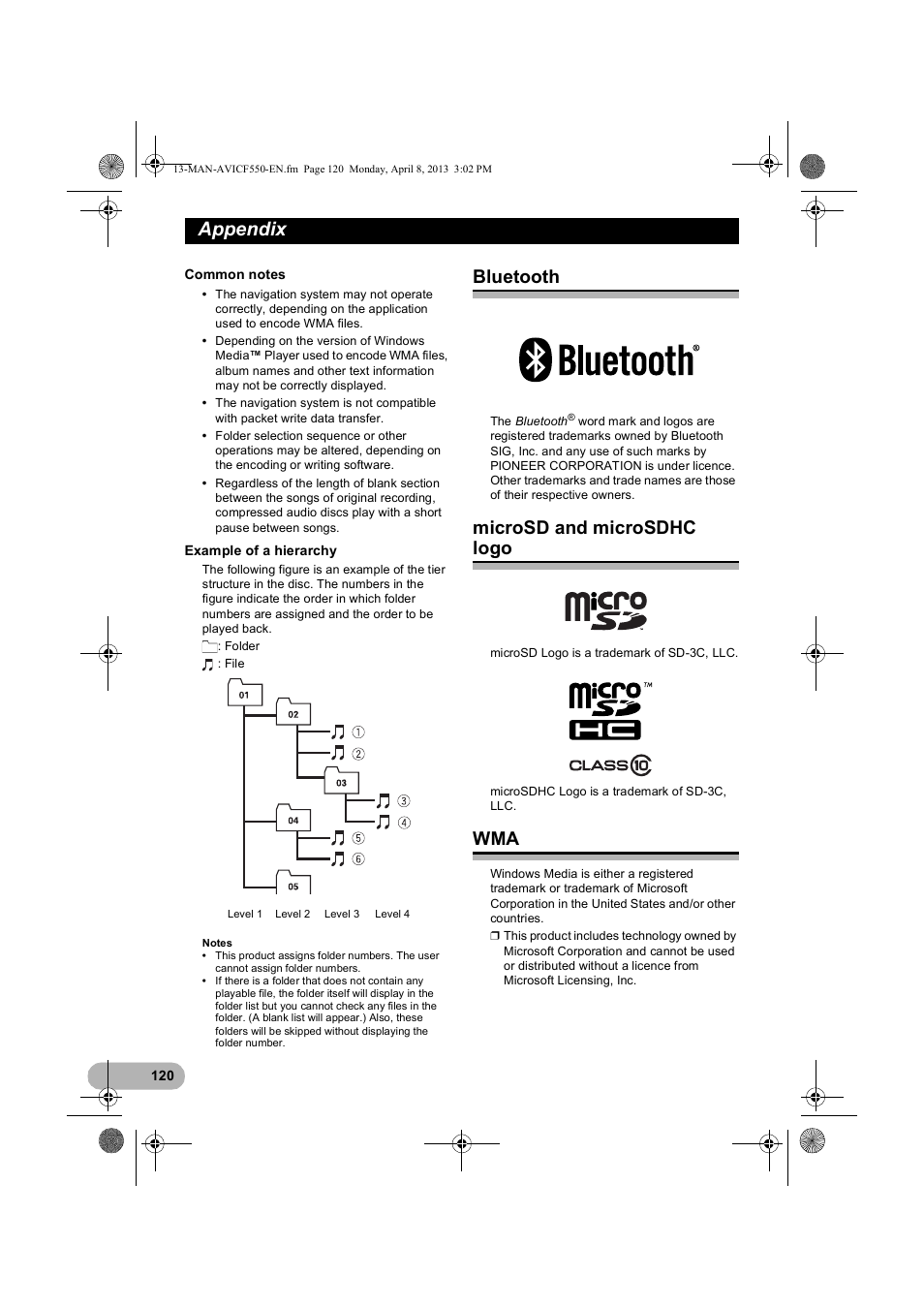 Bluetooth, Microsd and microsdhc logo, Appendix | Pioneer AVIC-F550BT User Manual | Page 120 / 128