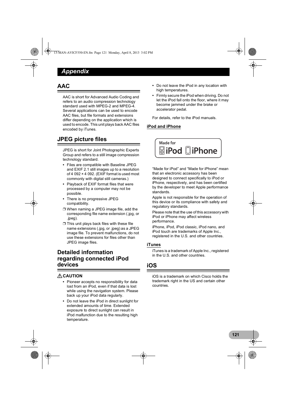 Jpeg picture files, Ipod and iphone, Itunes | Detailed information regarding, Connected ipod devices, Appendix | Pioneer AVIC-F550BT User Manual | Page 121 / 128
