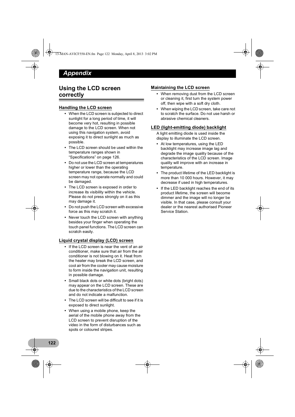 Using the lcd screen correctly, Handling the lcd screen, Liquid crystal display (lcd) screen | Maintaining the lcd screen, Led (light-emitting diode) backlight, Appendix | Pioneer AVIC-F550BT User Manual | Page 122 / 128