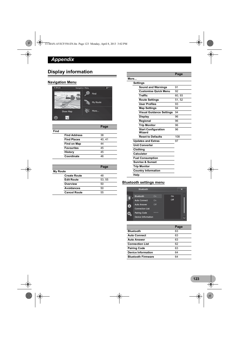 Display information, Navigation menu, Bluetooth settings menu | E “display information, Appendix | Pioneer AVIC-F550BT User Manual | Page 123 / 128