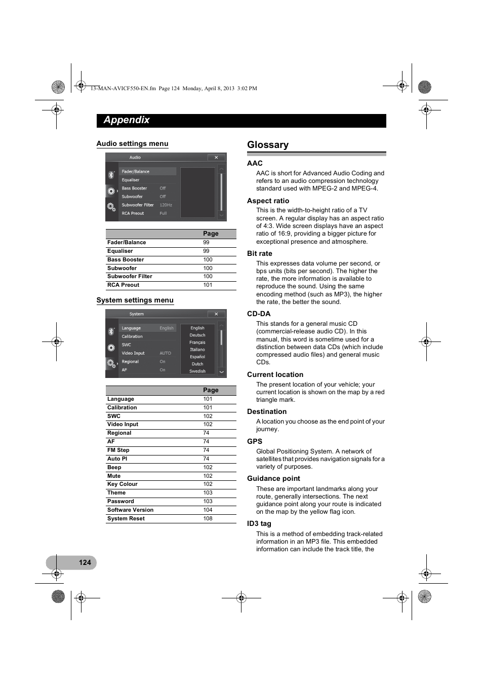 Audio settings menu, System settings menu, Glossary | Appendix | Pioneer AVIC-F550BT User Manual | Page 124 / 128