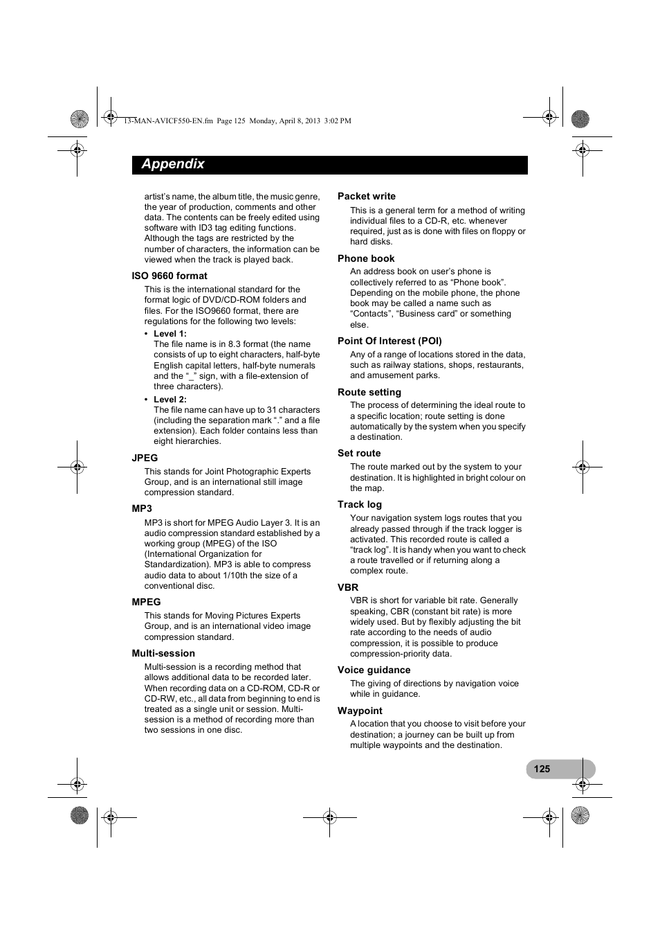 Appendix | Pioneer AVIC-F550BT User Manual | Page 125 / 128