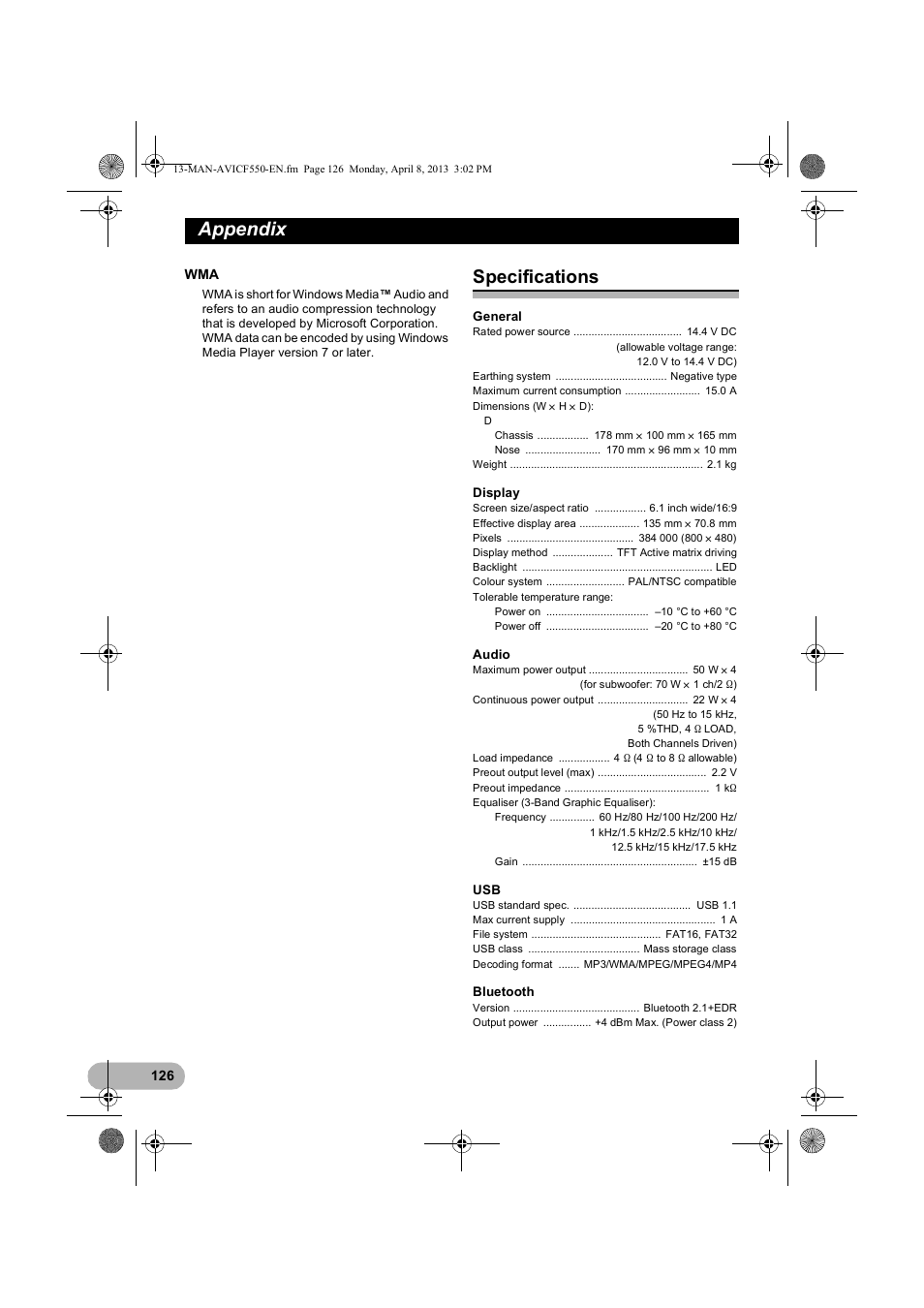 Specifications, Age 126), Appendix | Pioneer AVIC-F550BT User Manual | Page 126 / 128