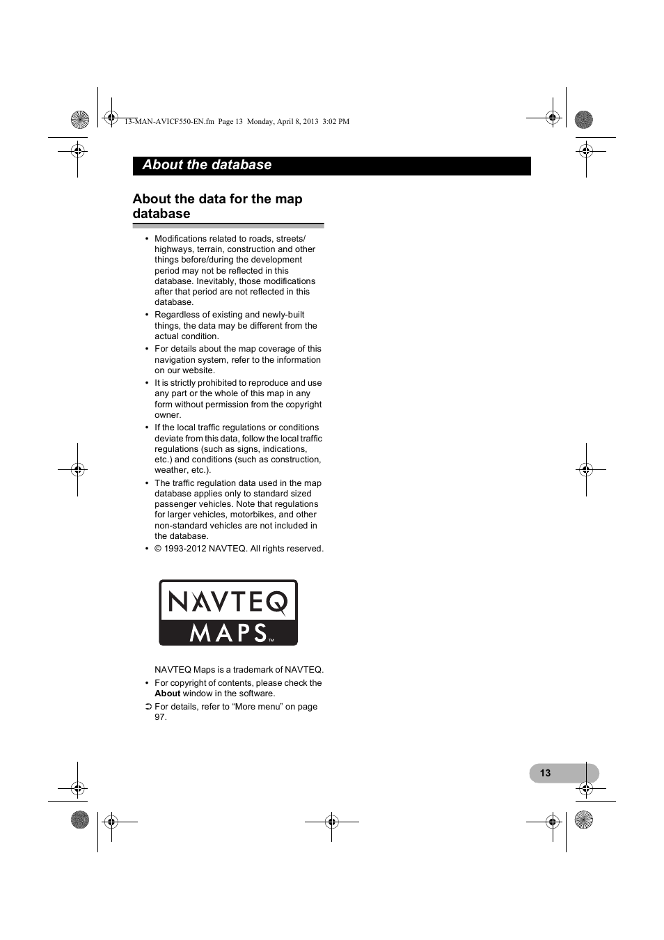 About the database, About the data for the map database | Pioneer AVIC-F550BT User Manual | Page 13 / 128