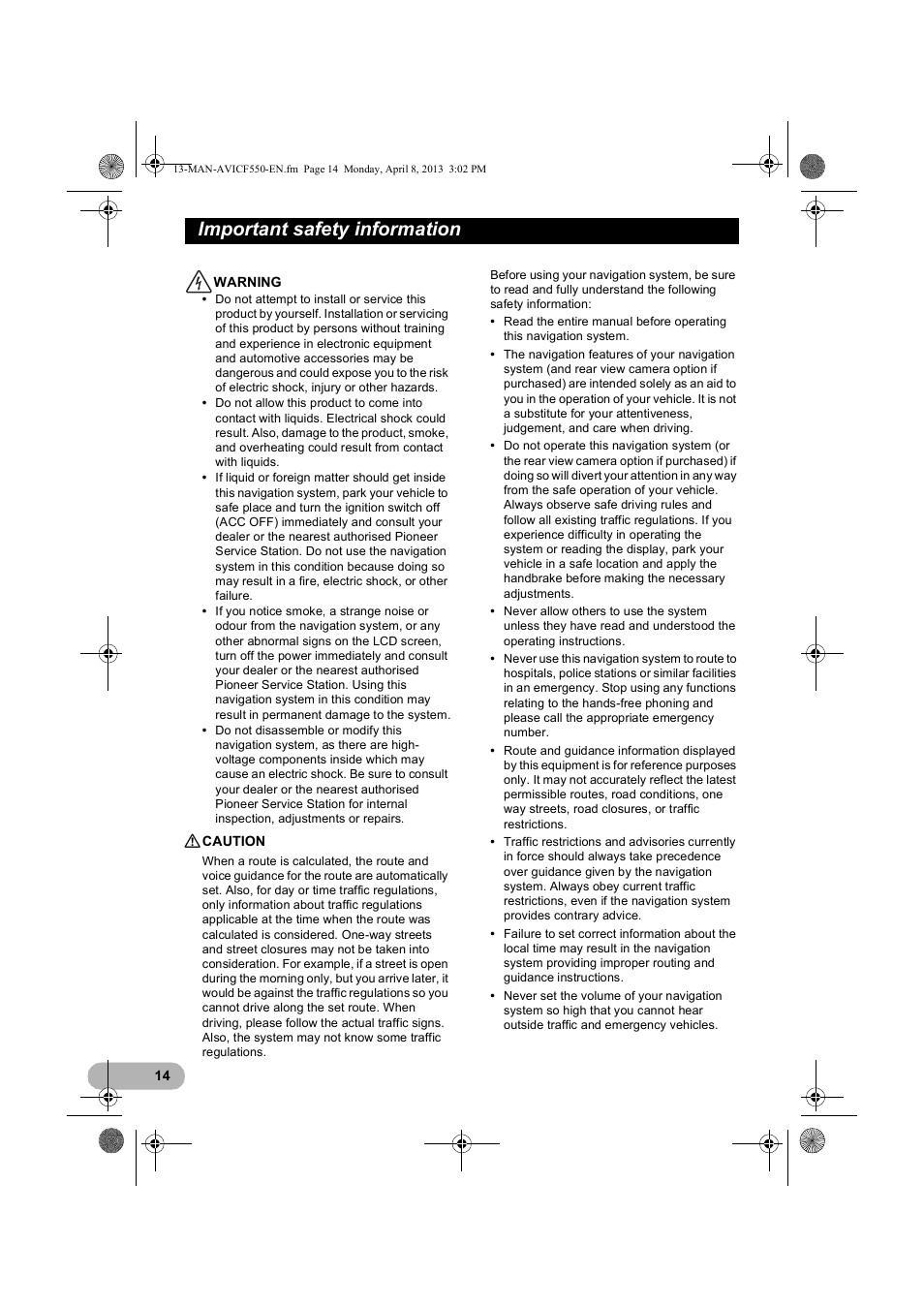 Important safety information | Pioneer AVIC-F550BT User Manual | Page 14 / 128