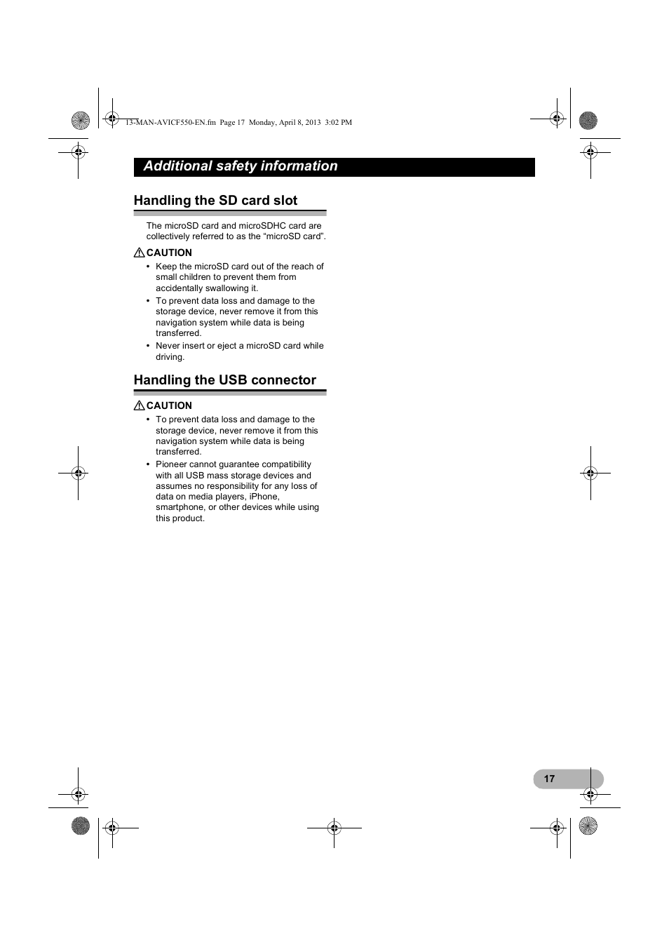 Handling the sd card slot, Handling the usb connector, Additional safety information | Pioneer AVIC-F550BT User Manual | Page 17 / 128