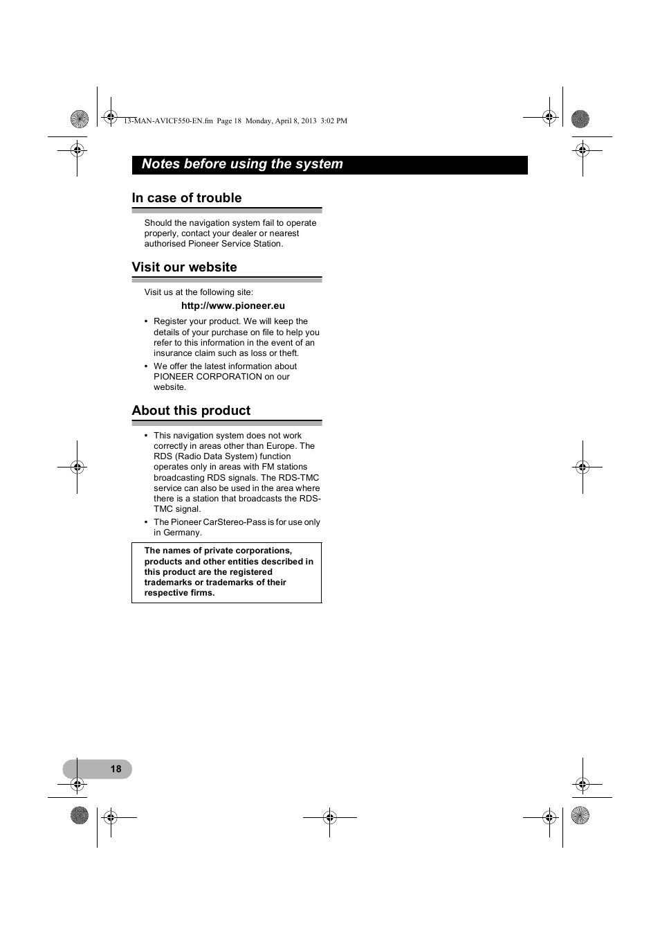 Notes before using the system, In case of trouble, Visit our website | About this product | Pioneer AVIC-F550BT User Manual | Page 18 / 128