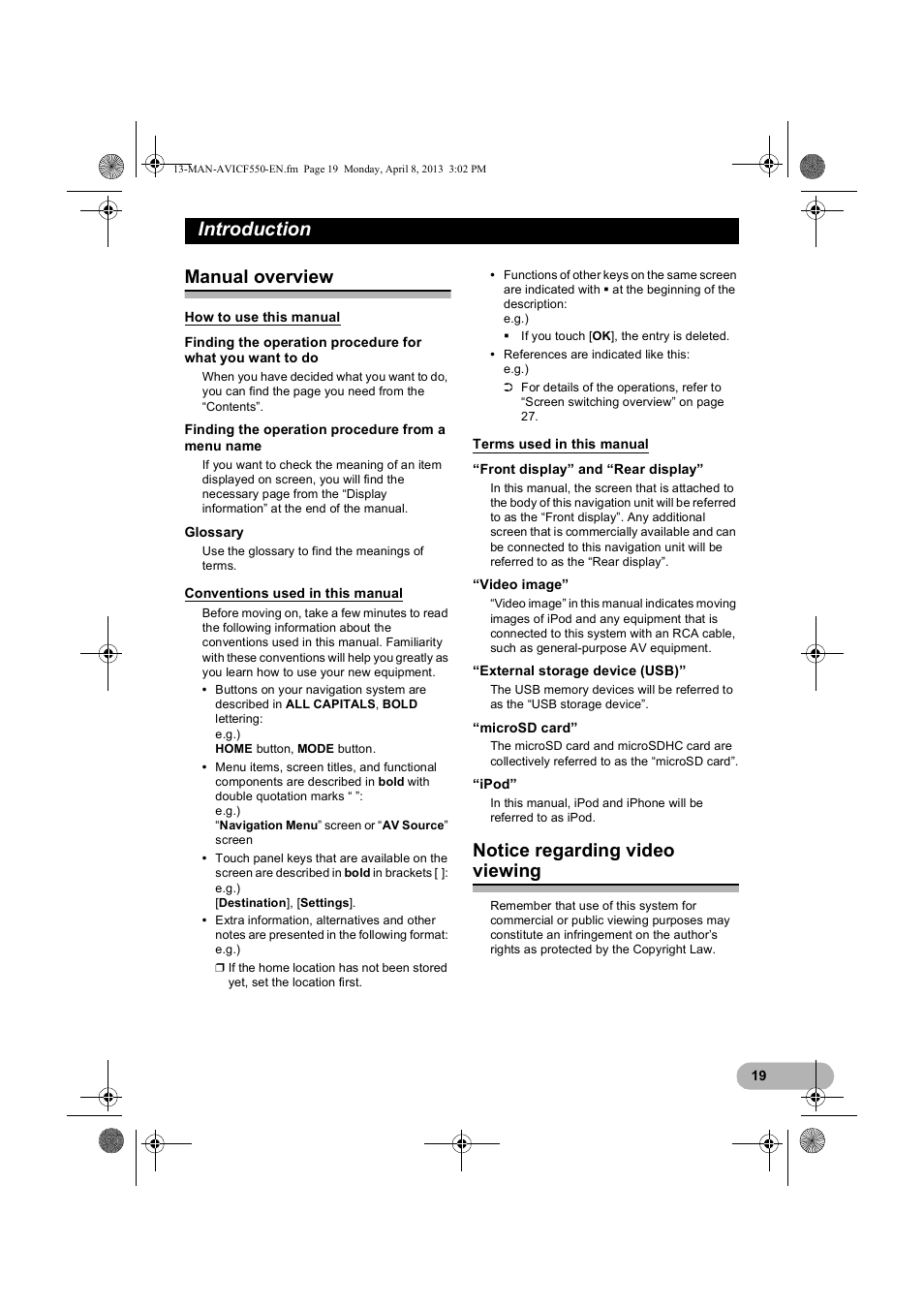 Introduction, Manual overview, How to use this manual | Conventions used in this manual, Terms used in this manual, Notice regarding video viewing | Pioneer AVIC-F550BT User Manual | Page 19 / 128