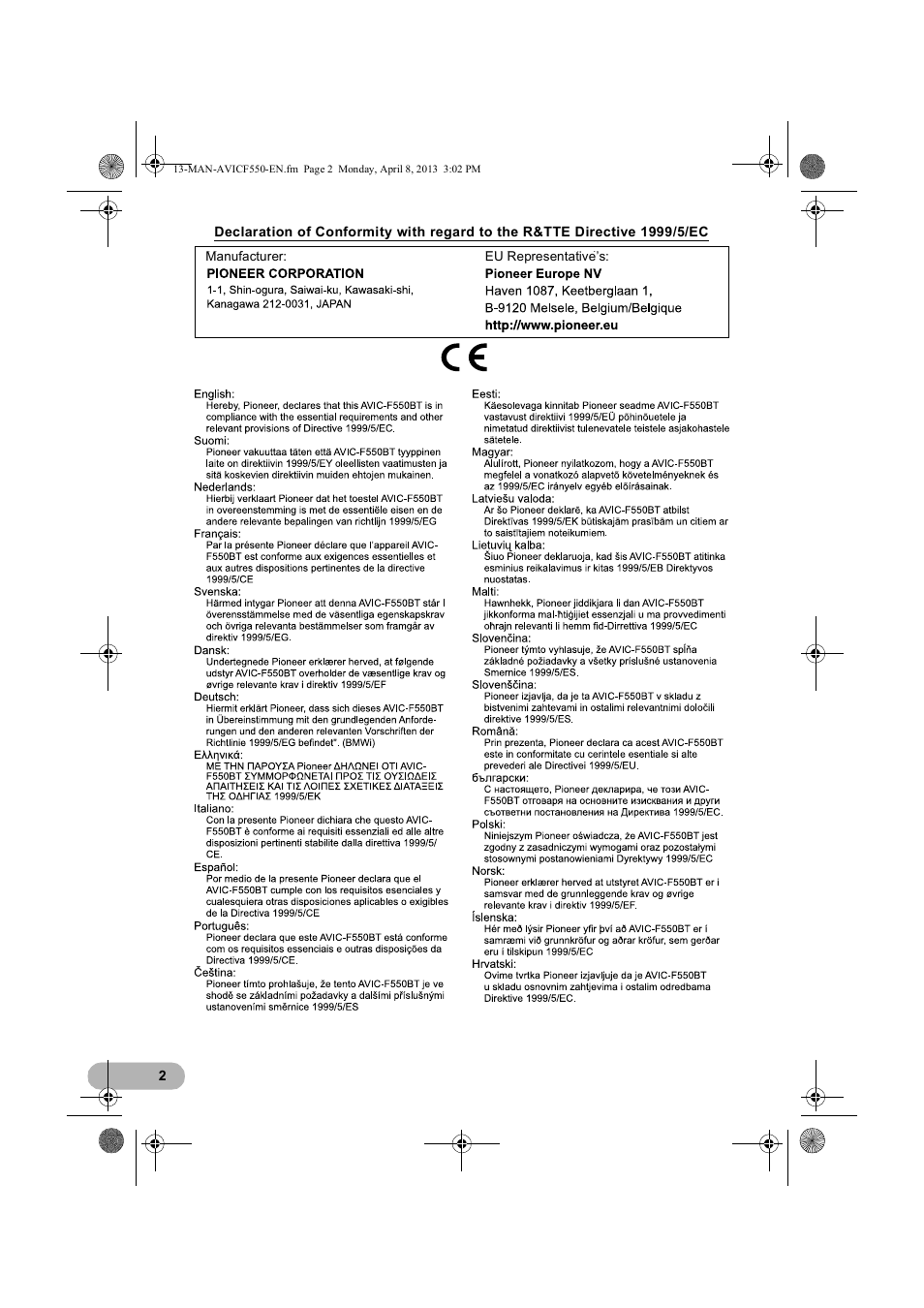 Pioneer AVIC-F550BT User Manual | Page 2 / 128