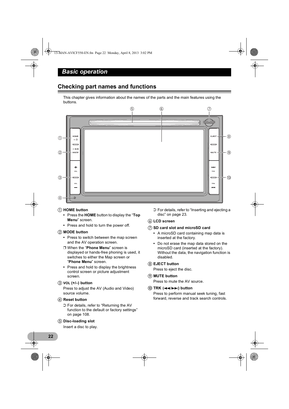 Basic operation, Checking part names and functions | Pioneer AVIC-F550BT User Manual | Page 22 / 128