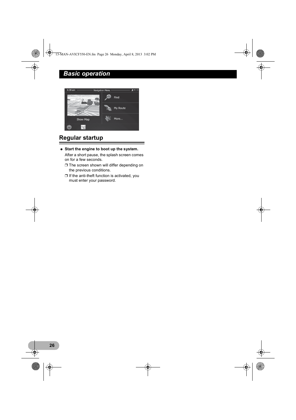 Regular startup, Basic operation | Pioneer AVIC-F550BT User Manual | Page 26 / 128