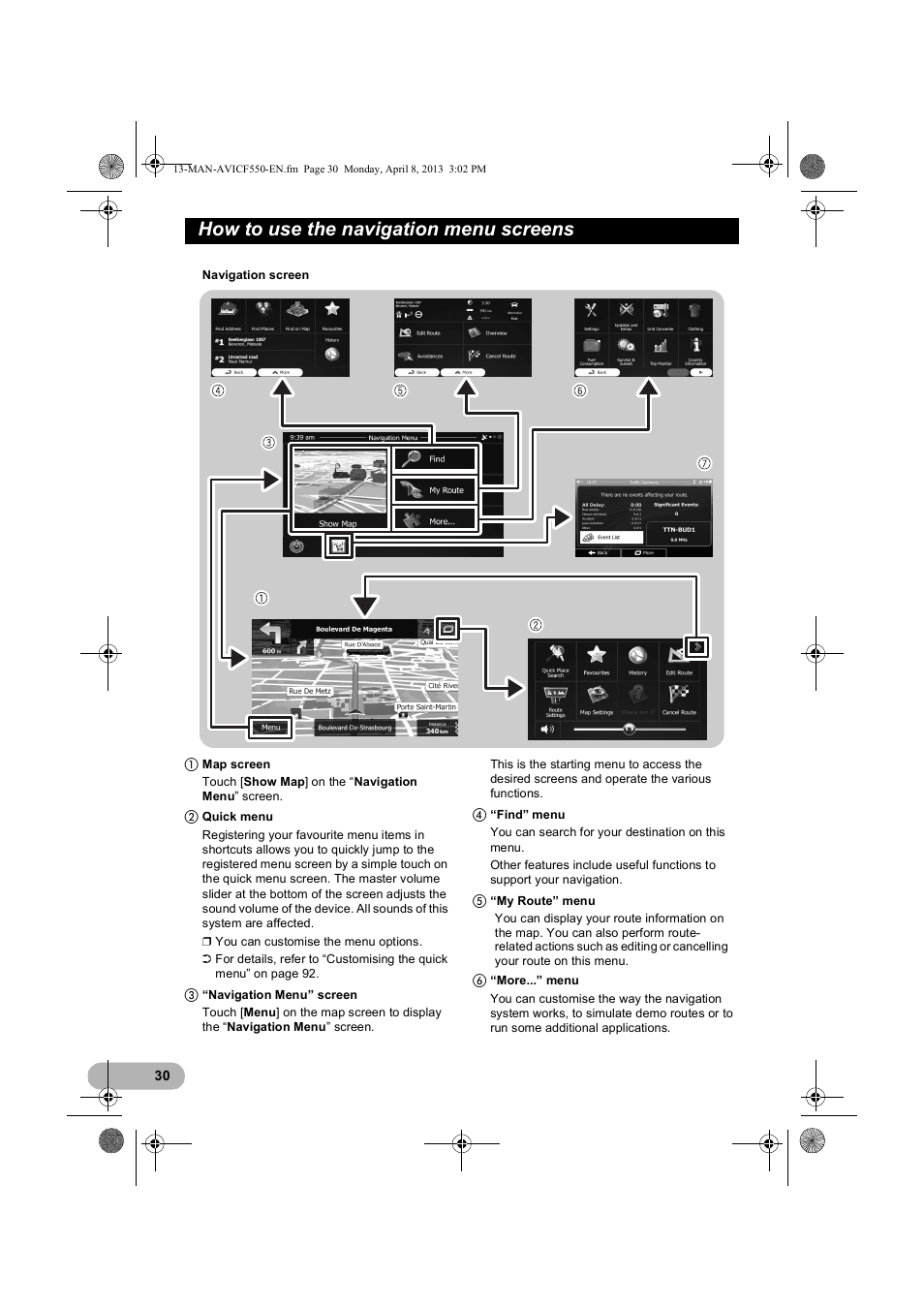How to use the navigation menu screens, How to use the navigation, Menu screens | Pioneer AVIC-F550BT User Manual | Page 30 / 128