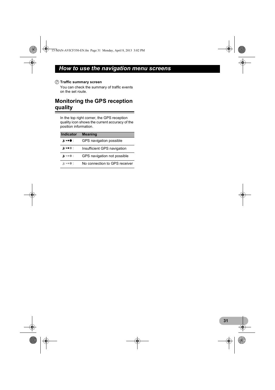 Monitoring the gps reception quality, How to use the navigation menu screens | Pioneer AVIC-F550BT User Manual | Page 31 / 128
